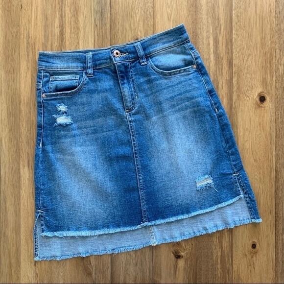 Sneak Peek Stretch Denim Distressed Step Hem Skirt - Picture 1 of 10